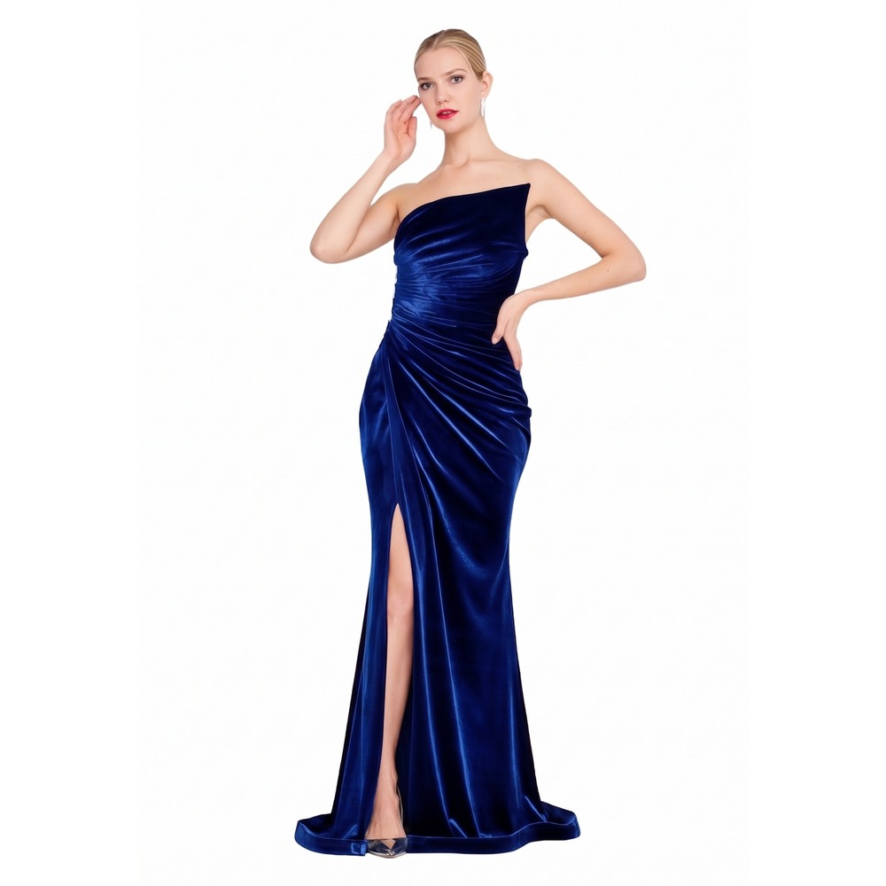Dekolte Womens Velvet Strapless Ruched Gown Royal Blue Crystal Buckle‎ Size 42